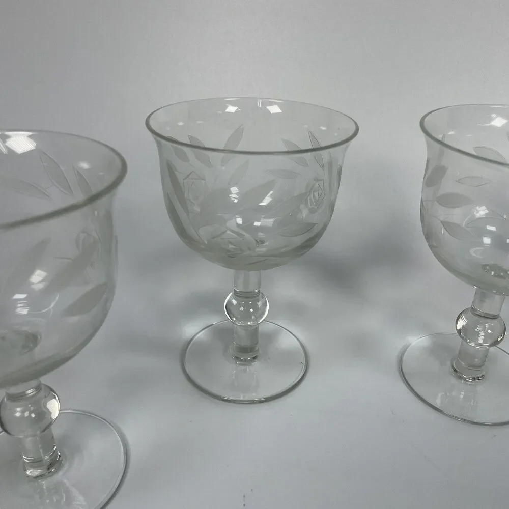 Vintage Crystal Etched Rose Flower Dessert Sherbet Cups Glasses Set of 5 1940’s